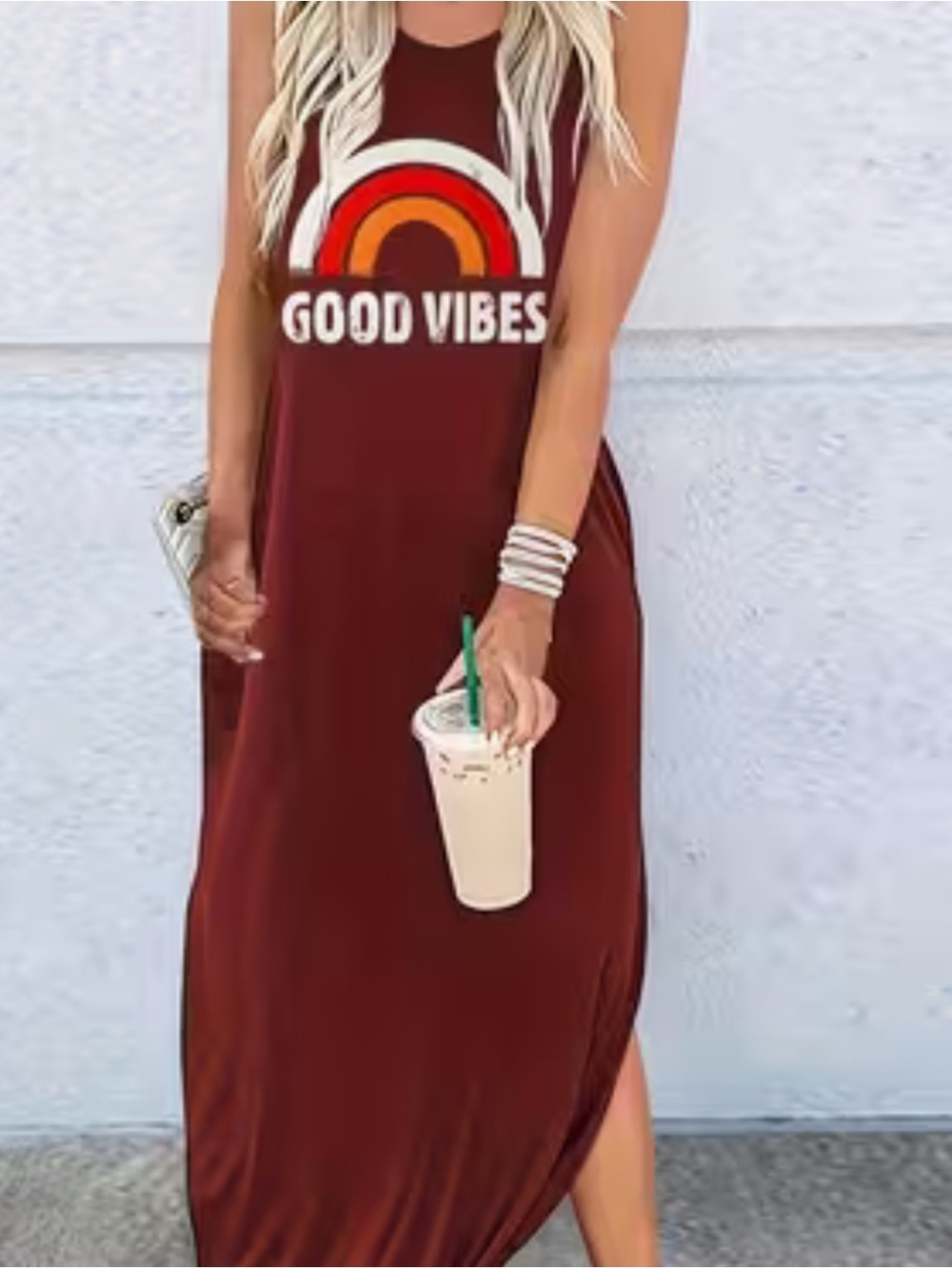❤️ Large Good Vibes Burgundy Graphic Maxi Dress Casual B5